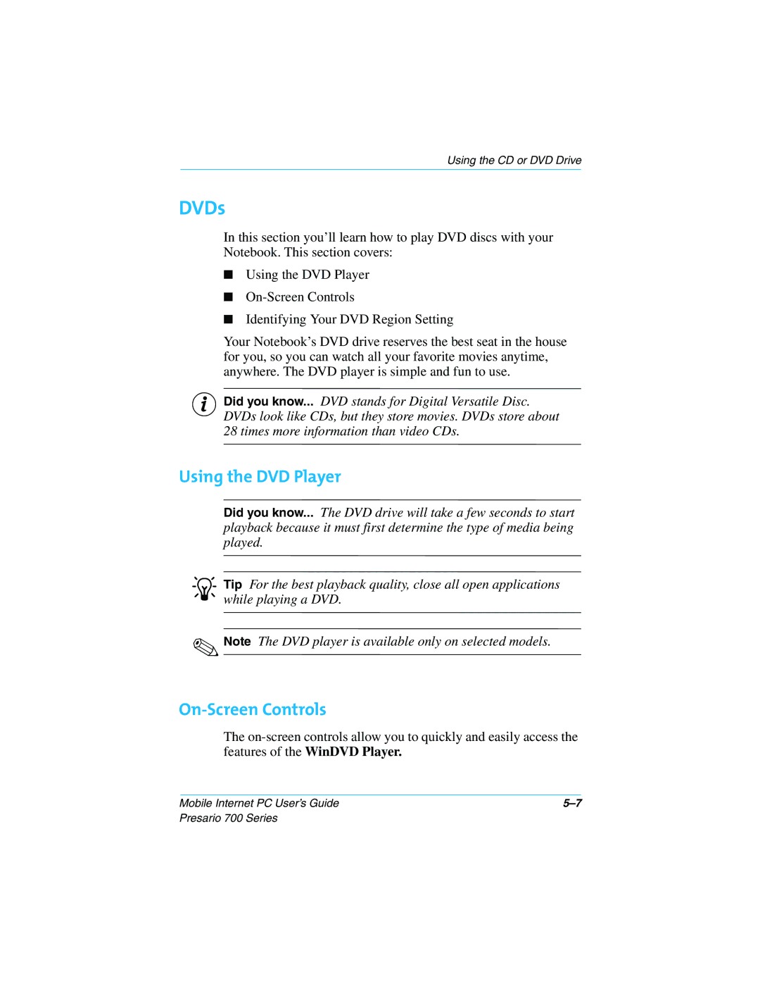 HP 724AU manual DVDs, Using the DVD Player, On-Screen Controls 