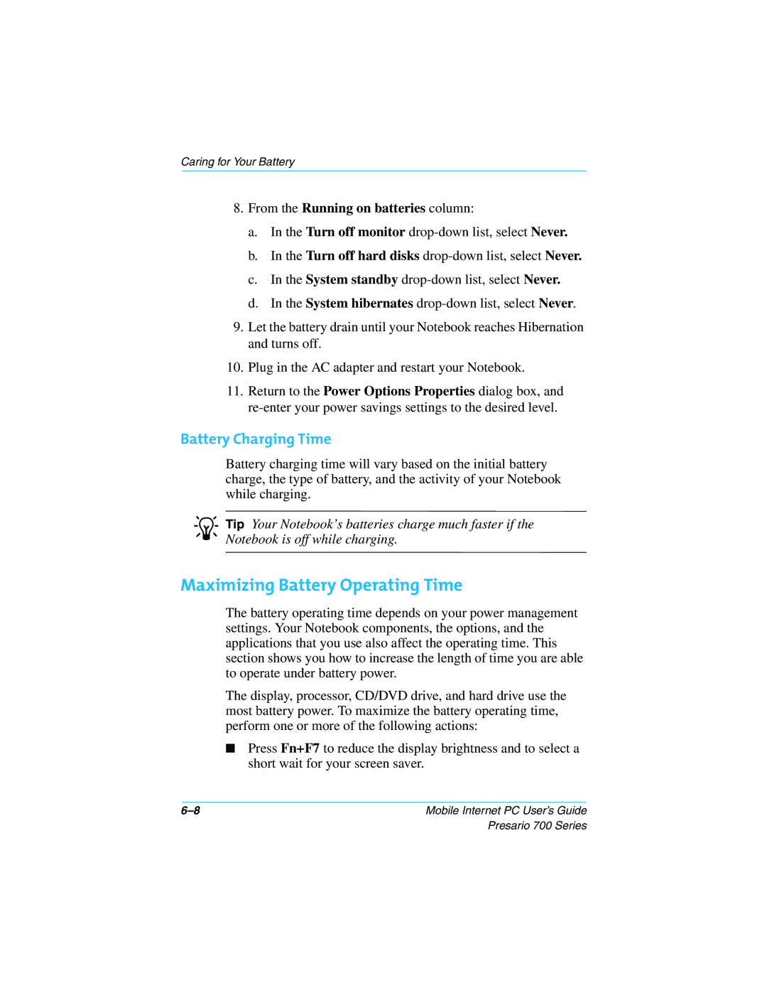 HP 724AU manual Maximizing Battery Operating Time, Battery Charging Time 