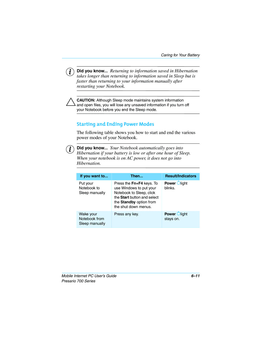 HP 724AU manual Starting and Ending Power Modes, If you want to Then Result/Indicators, Power ª light 