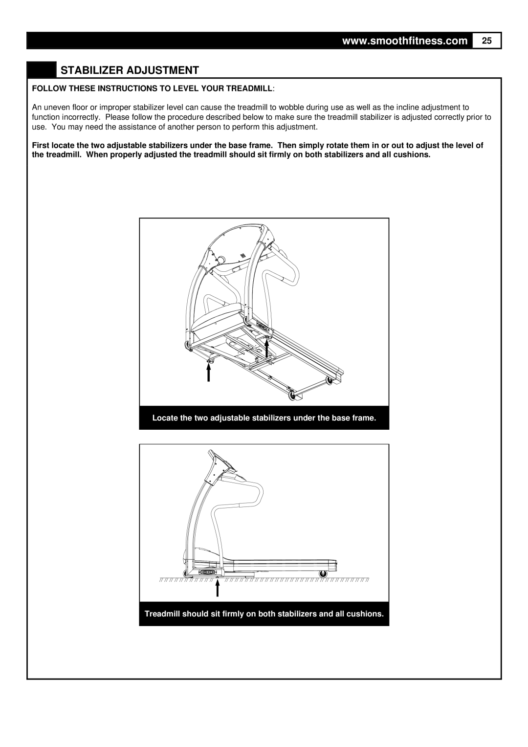 HP 7.25 manual Stabilizer Adjustment, Follow These Instructions to Level Your Treadmill 