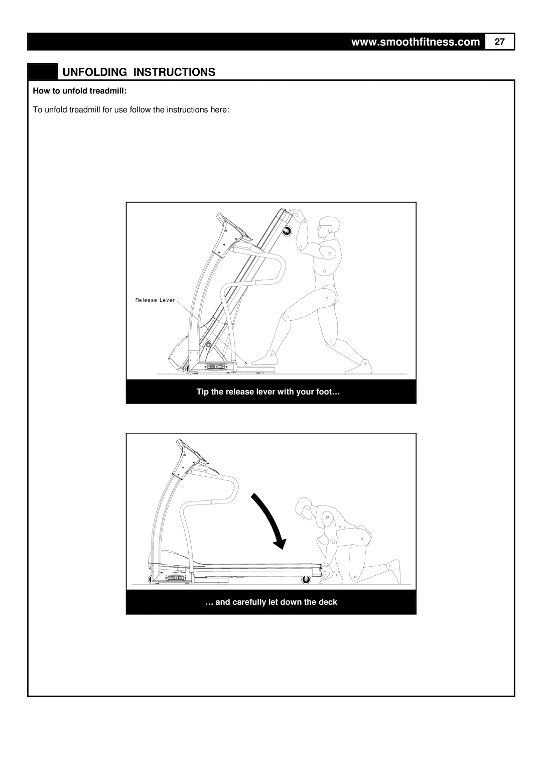 HP 7.25 manual Unfolding Instructions, How to unfold treadmill 