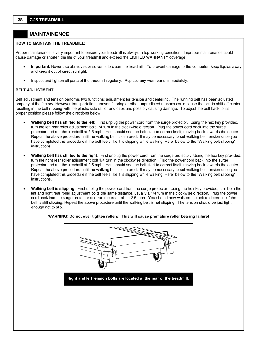 HP 7.25 manual Maintainence, HOW to Maintain the Treadmill, Belt Adjustment 