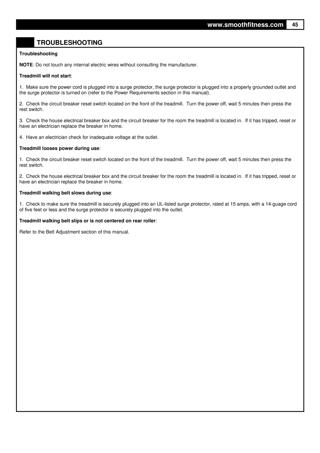 HP 7.25 manual Troubleshooting Treadmill will not start, Treadmill looses power during use 