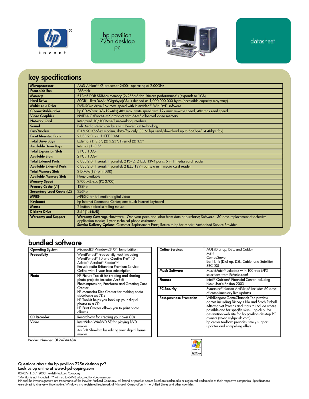 HP 725n (US/CAN) manual Key specifications, Bundled software, Mpeg, Msn, Sbc Dsl 