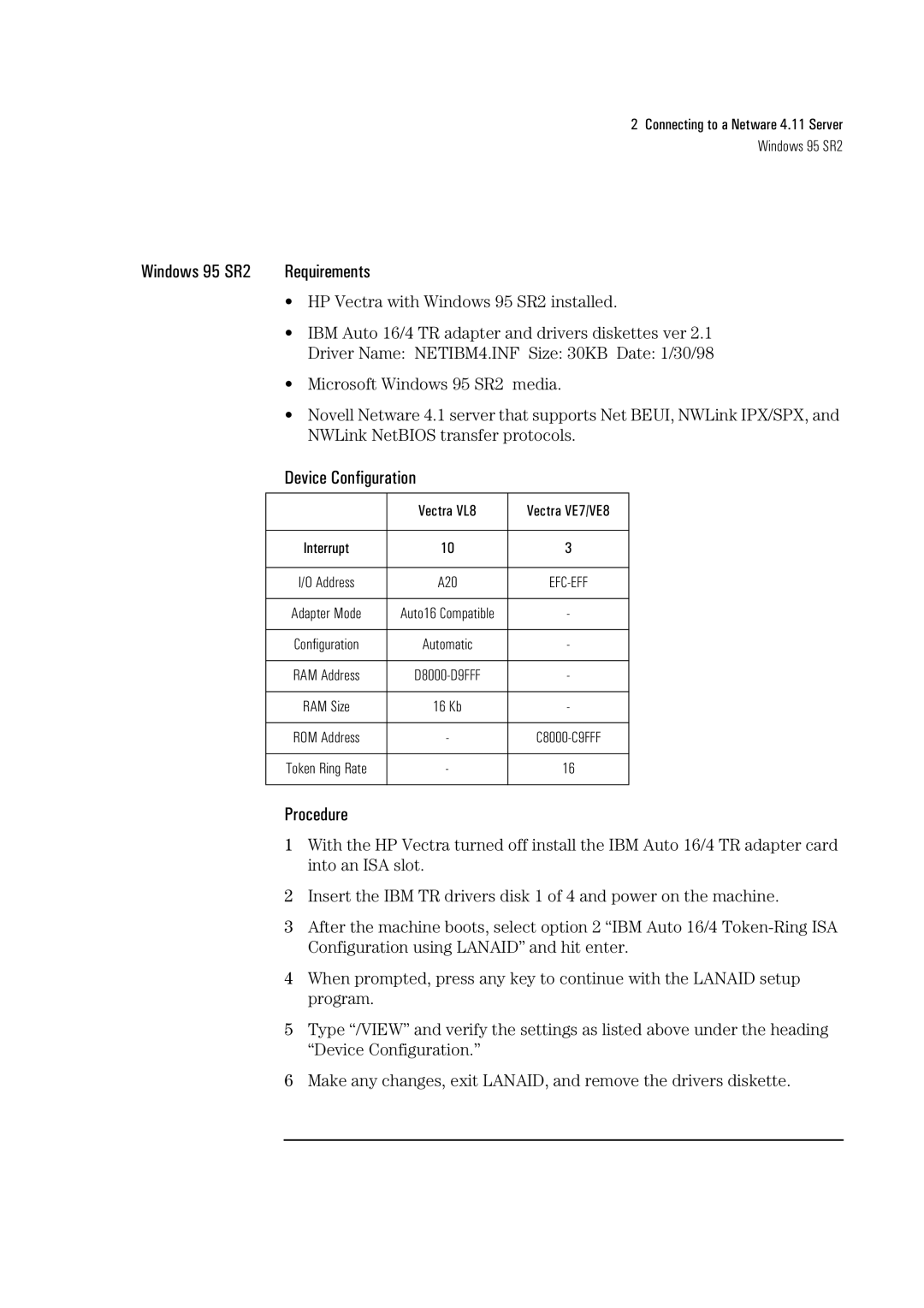 HP 72H3482 manual Connecting to a Netware 4.11 Server Windows 95 SR2 