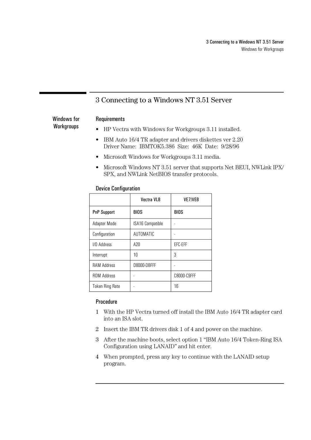 HP 72H3482 manual Connecting to a Windows NT 3.51 Server 