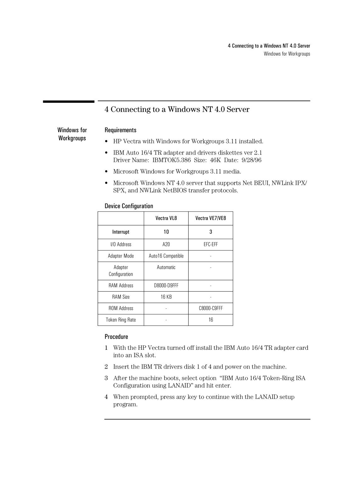 HP 72H3482 manual Connecting to a Windows NT 4.0 Server 