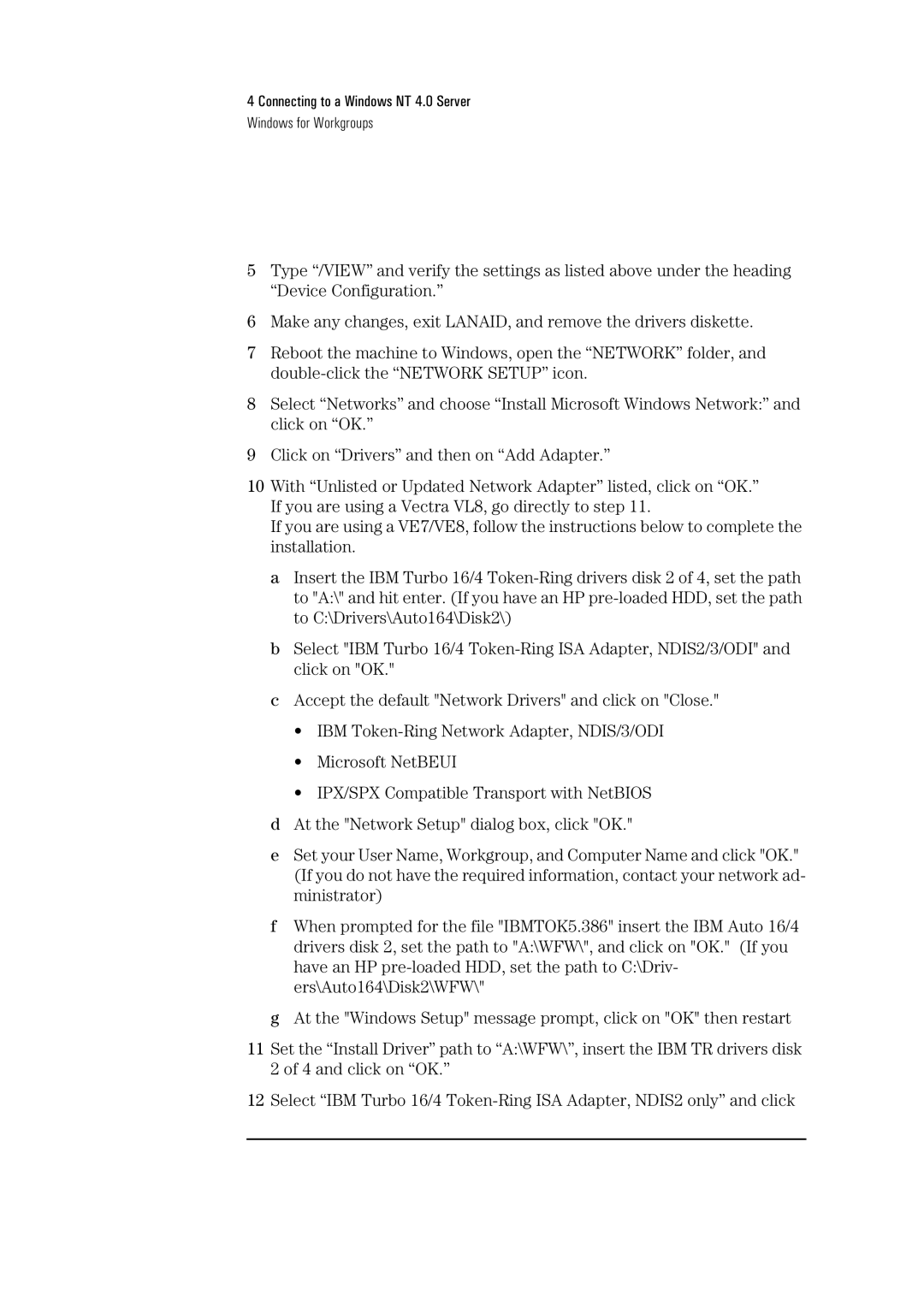 HP 72H3482 manual Connecting to a Windows NT 4.0 Server Windows for Workgroups 