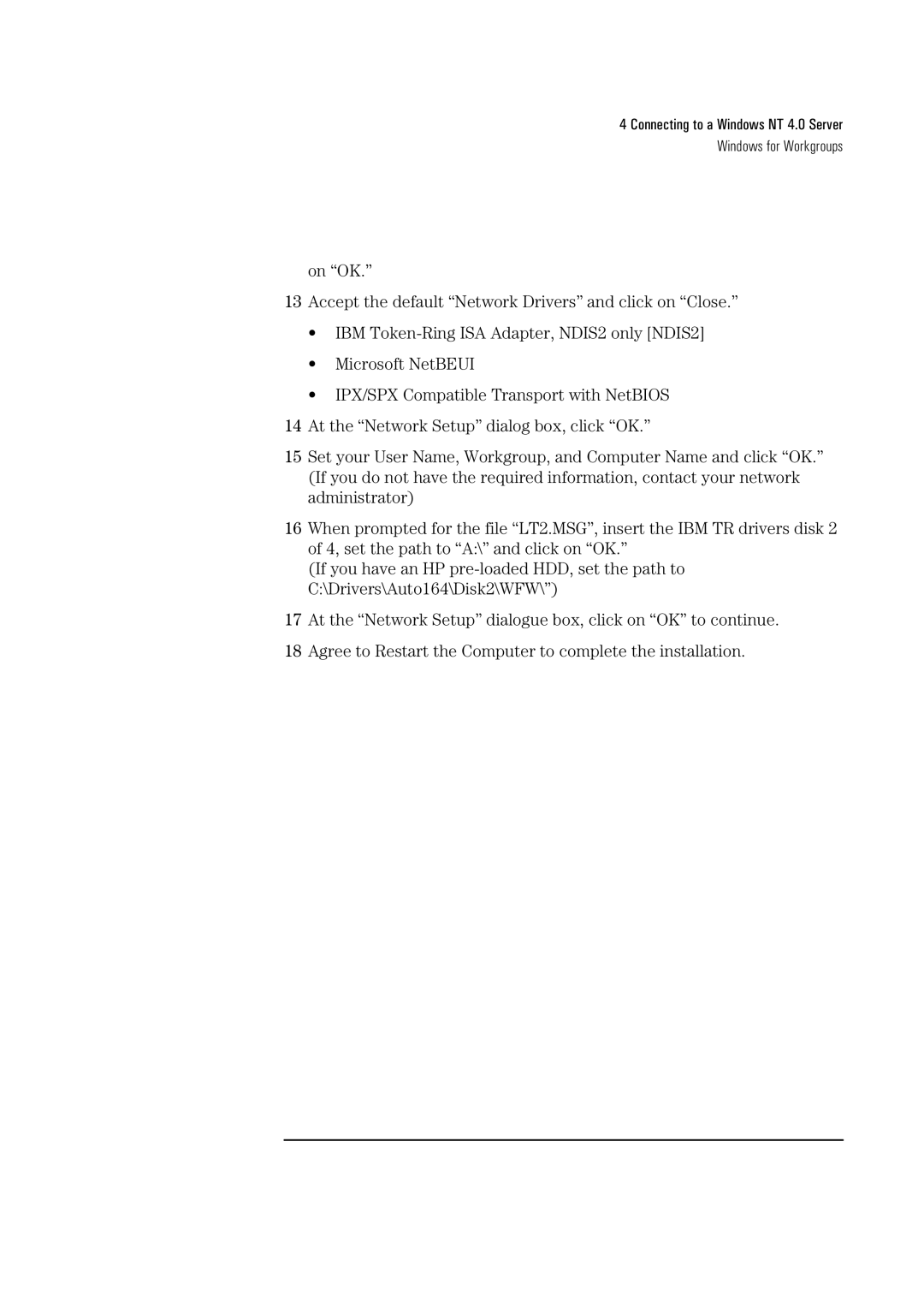 HP 72H3482 manual Connecting to a Windows NT 4.0 Server Windows for Workgroups 