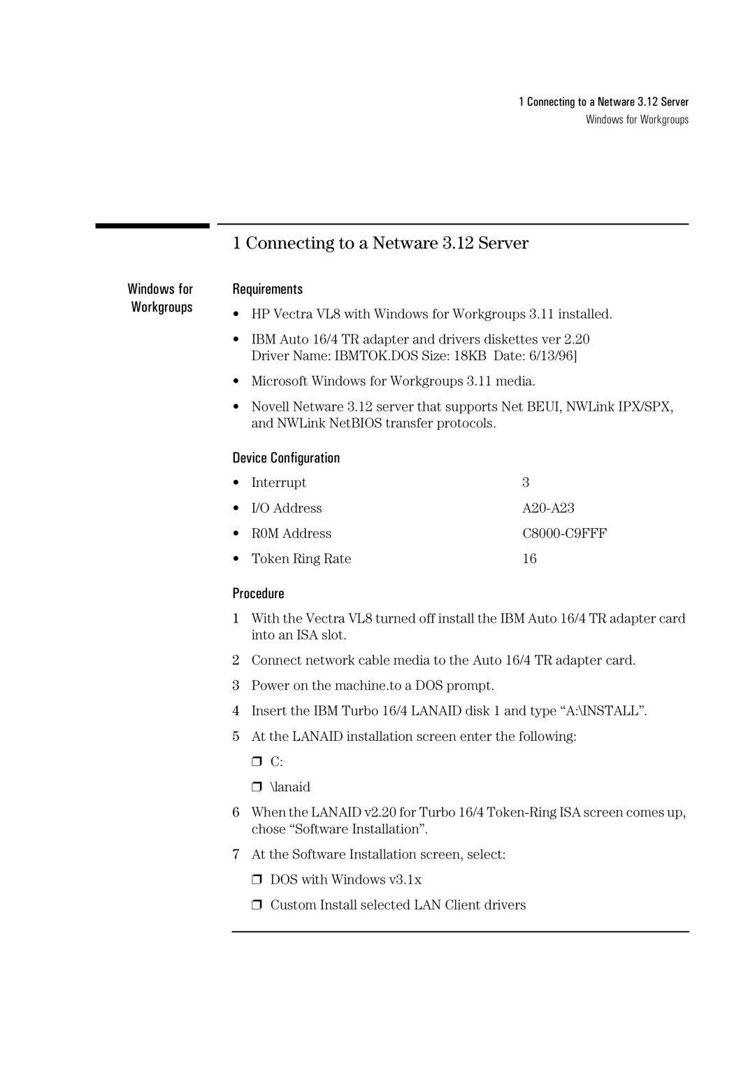 HP 72H3482 manual Connecting to a Netware 3.12 Server 