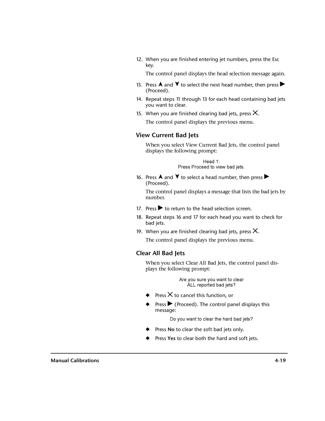 HP 72SR manual View Current Bad Jets, Clear All Bad Jets 