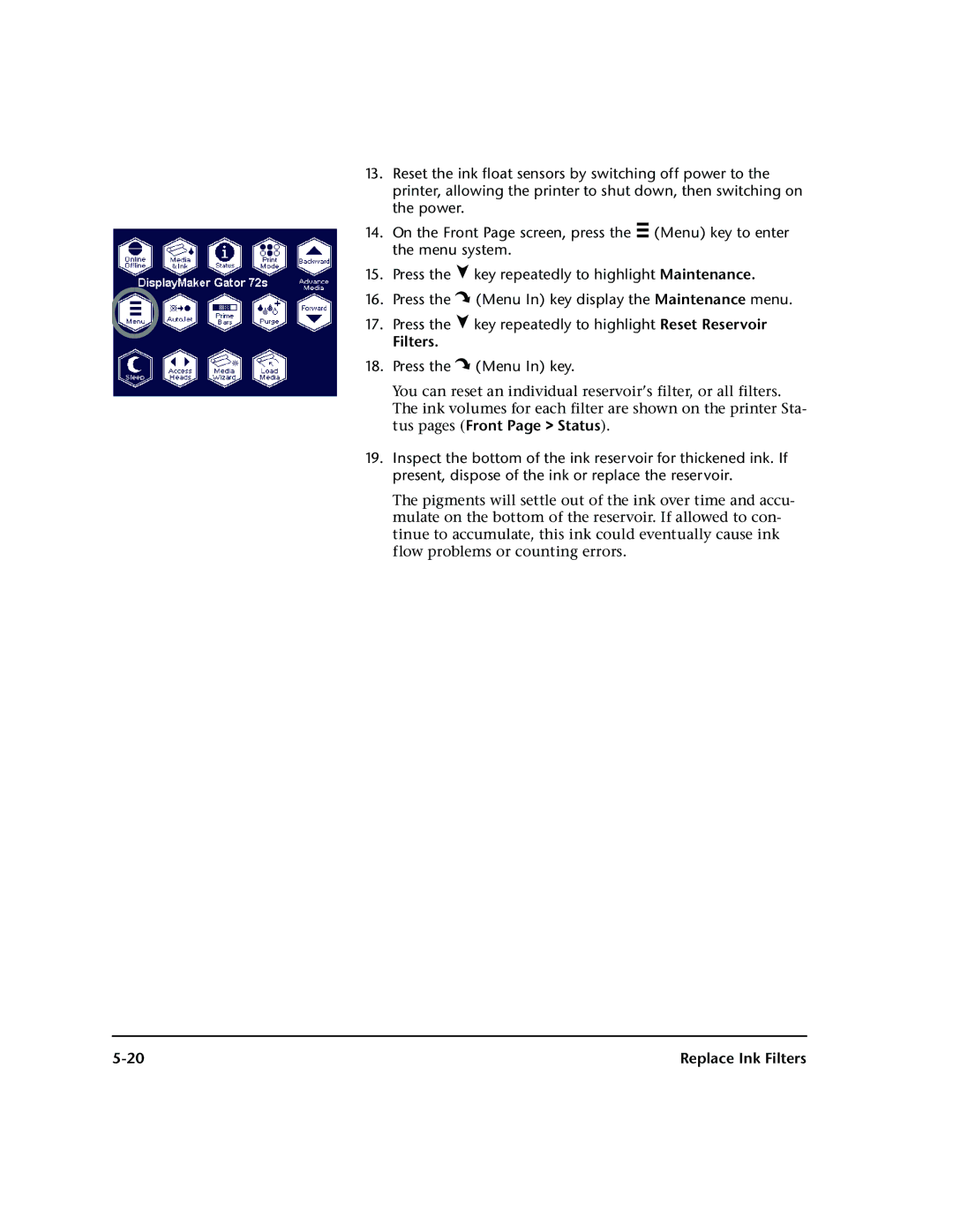 HP 72SR manual Filters, Press the  Menu In key 