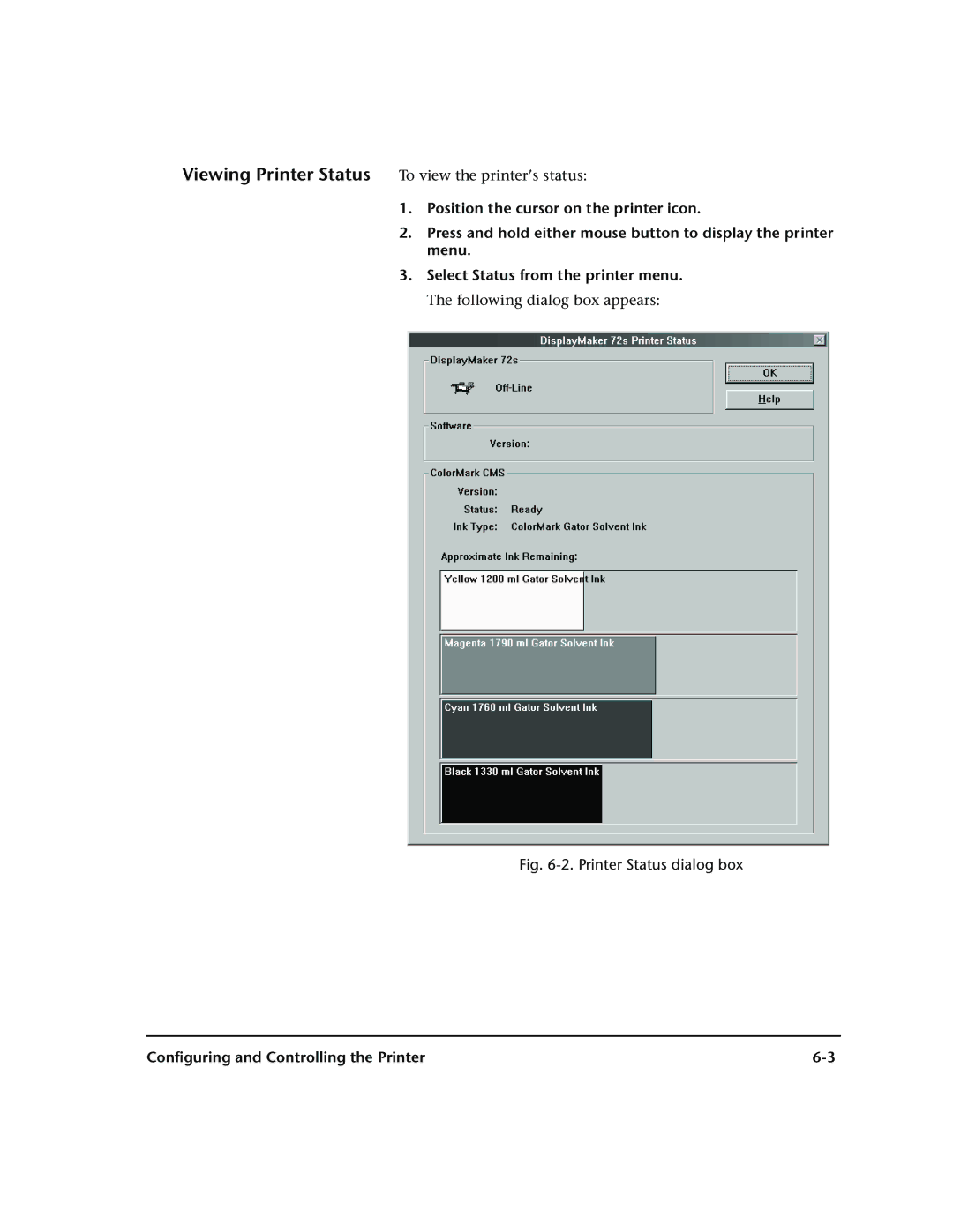 HP 72SR manual Printer Status dialog box, Configuring and Controlling the Printer 