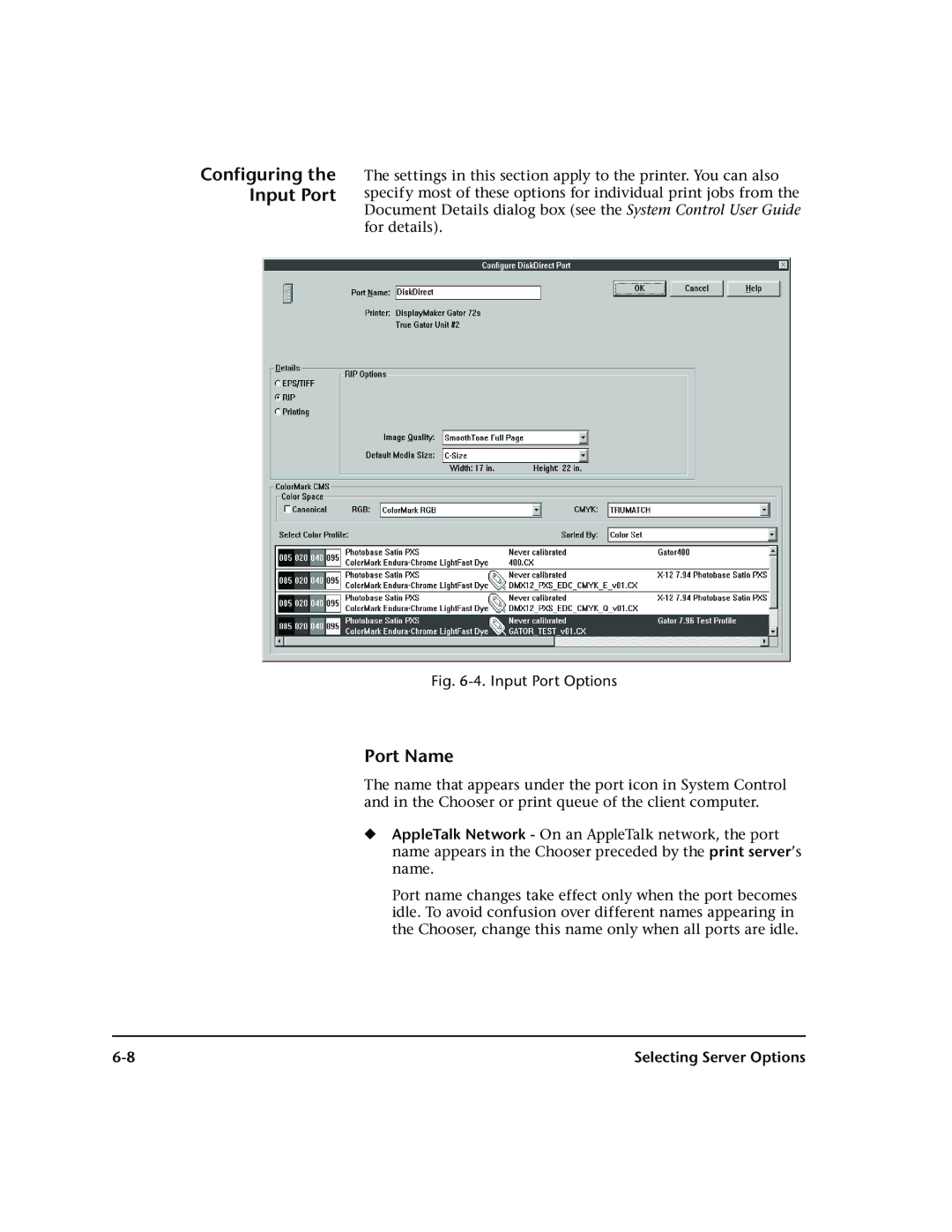 HP 72SR manual Port Name, Input Port Options 