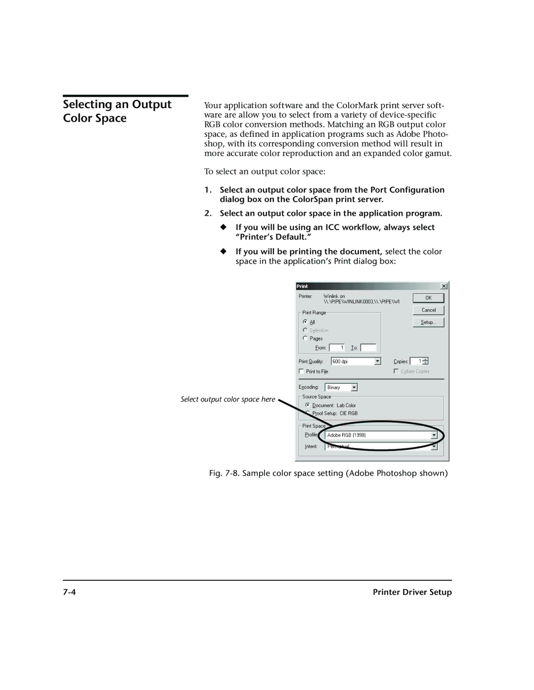 HP 72SR manual Selecting an Output Color Space 