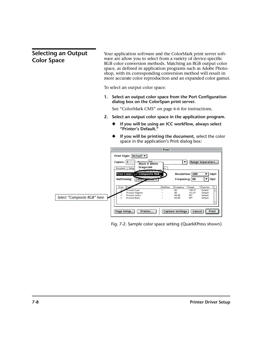 HP 72SR manual Sample color space setting QuarkXPress shown 