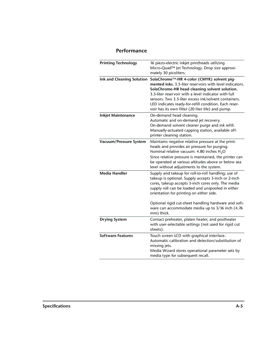 HP 72SR manual Performance, SolaChrome-HR head cleaning solvent solution 