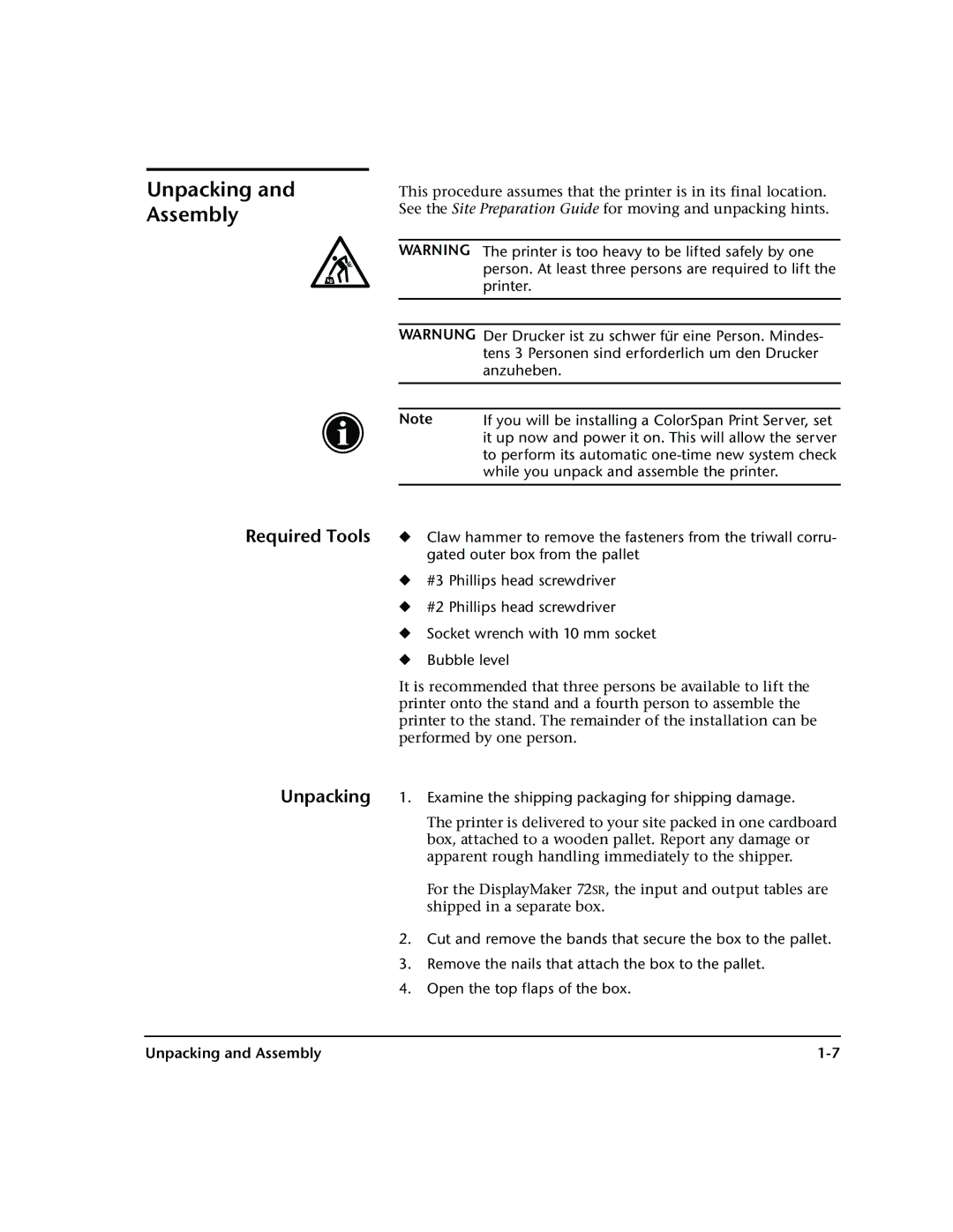 HP 72SR manual Unpacking Assembly, Required Tools Unpacking, Examine the shipping packaging for shipping damage 