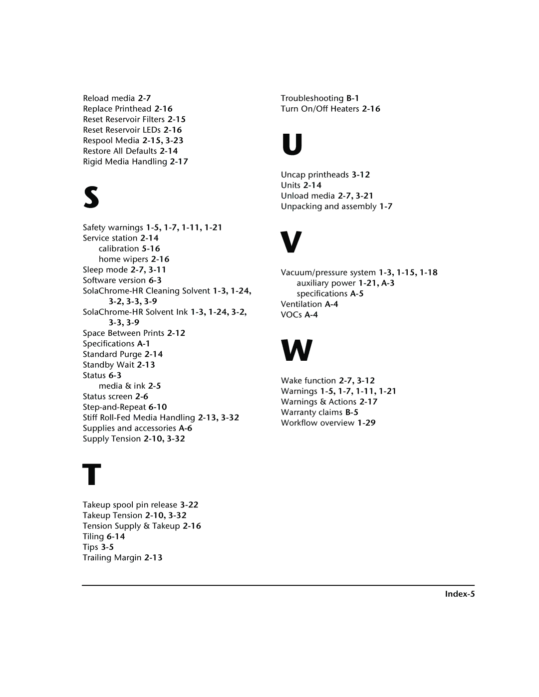 HP 72SR manual 3-3,3-9, SolaChrome-HR Solvent Ink 1-3,1-24,3-2, Index-5 