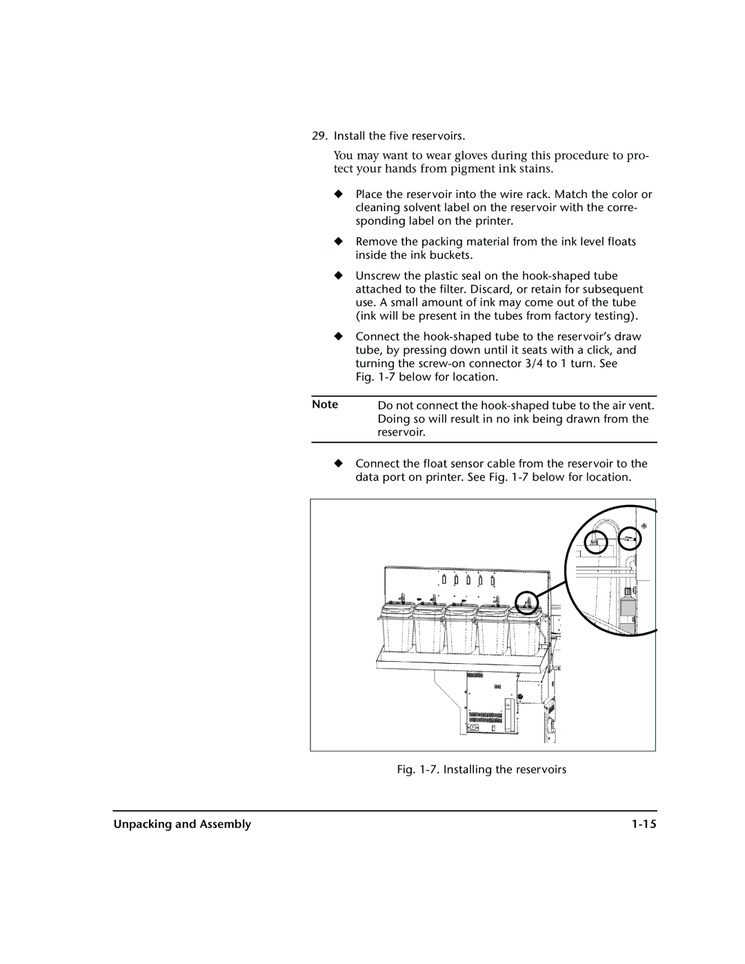 HP 72SR manual Install the five reservoirs, Installing the reservoirs 