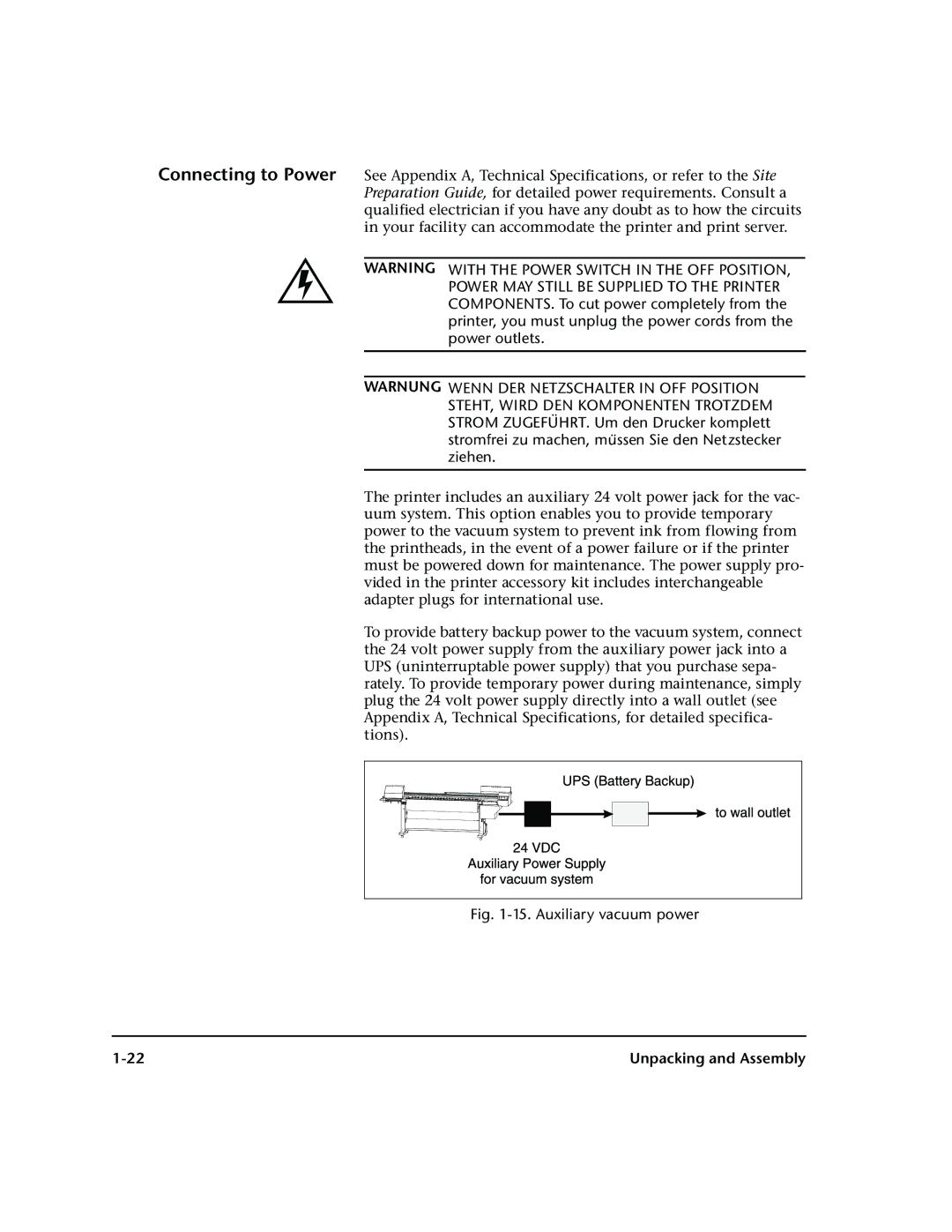 HP 72SR manual Auxiliary vacuum power 