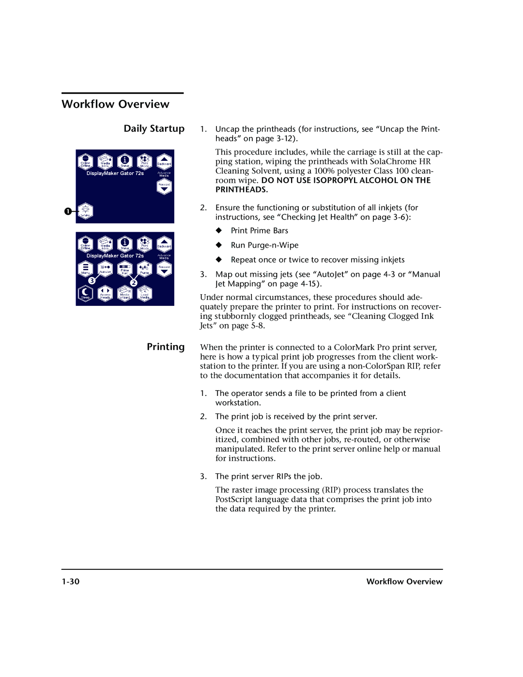 HP 72SR manual Workflow Overview, Daily Startup Printing, Print server RIPs the job 