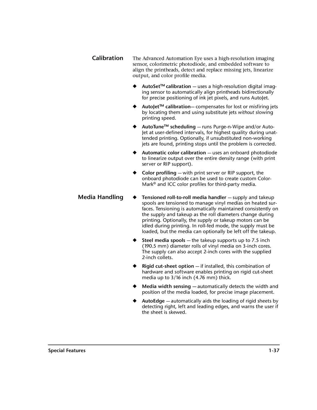 HP 72SR manual Calibration Media Handling, Special Features 