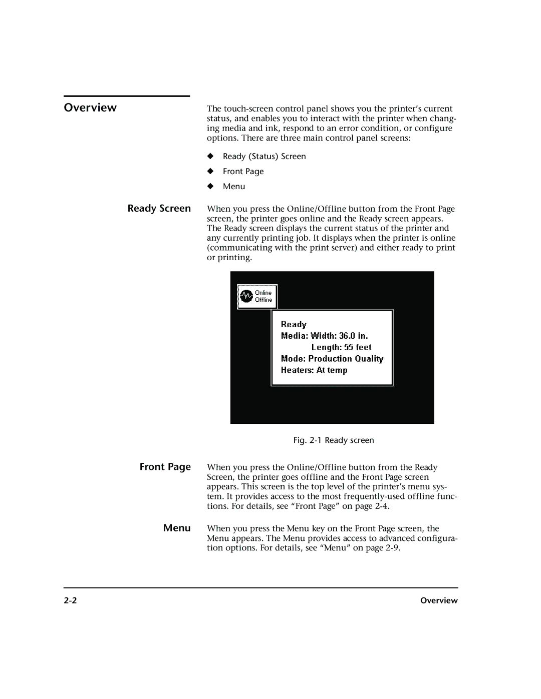 HP 72SR manual Overview, Ready Screen Front Menu, Ready Status Screen Front Menu 