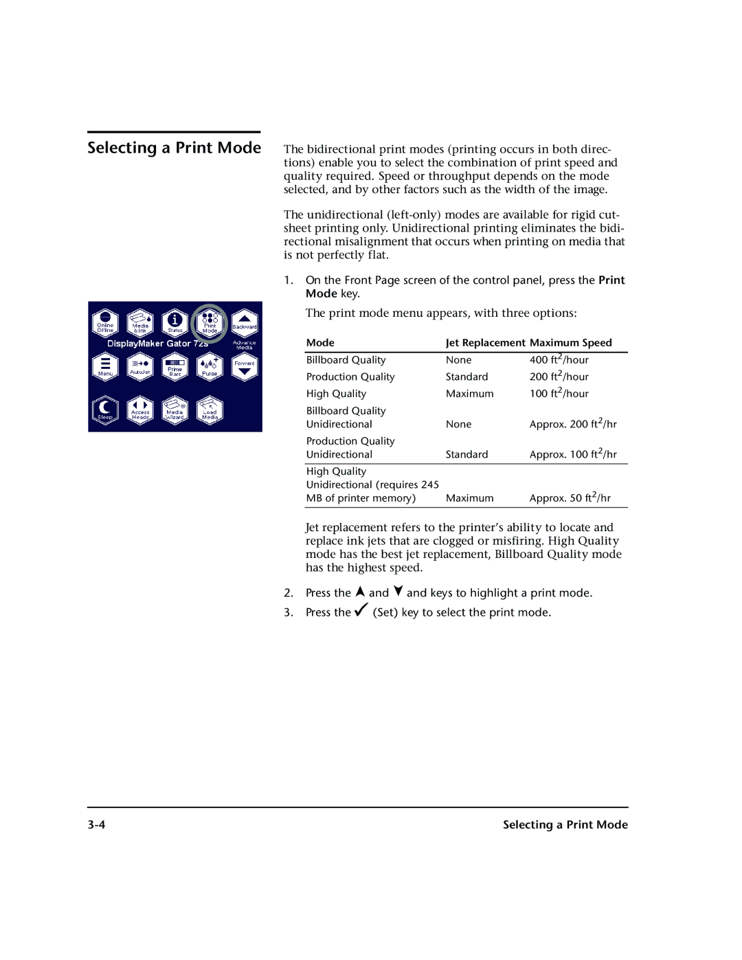 HP 72SR manual Print mode menu appears, with three options 