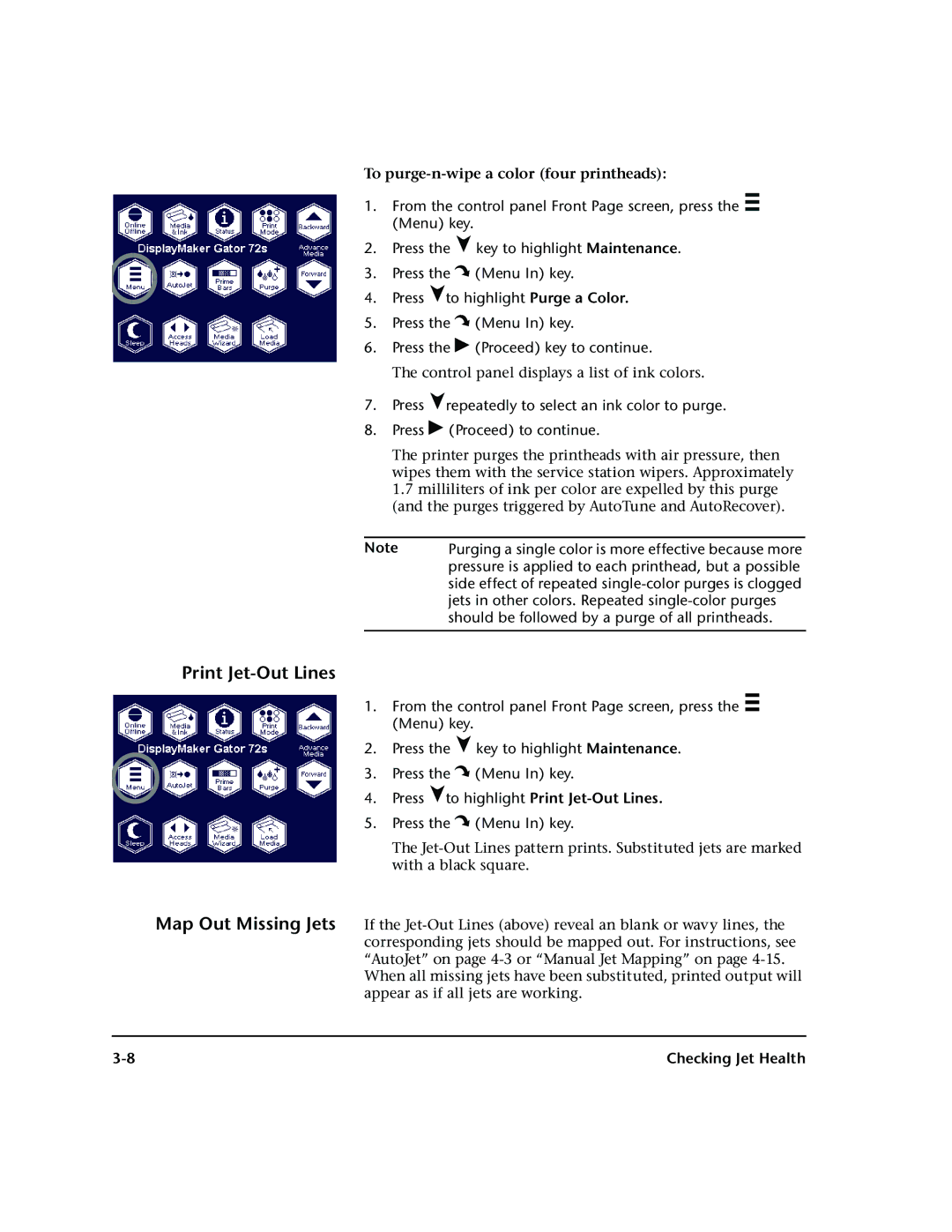 HP 72SR manual Print Jet-Out Lines, Pressure is applied to each printhead, but a possible 