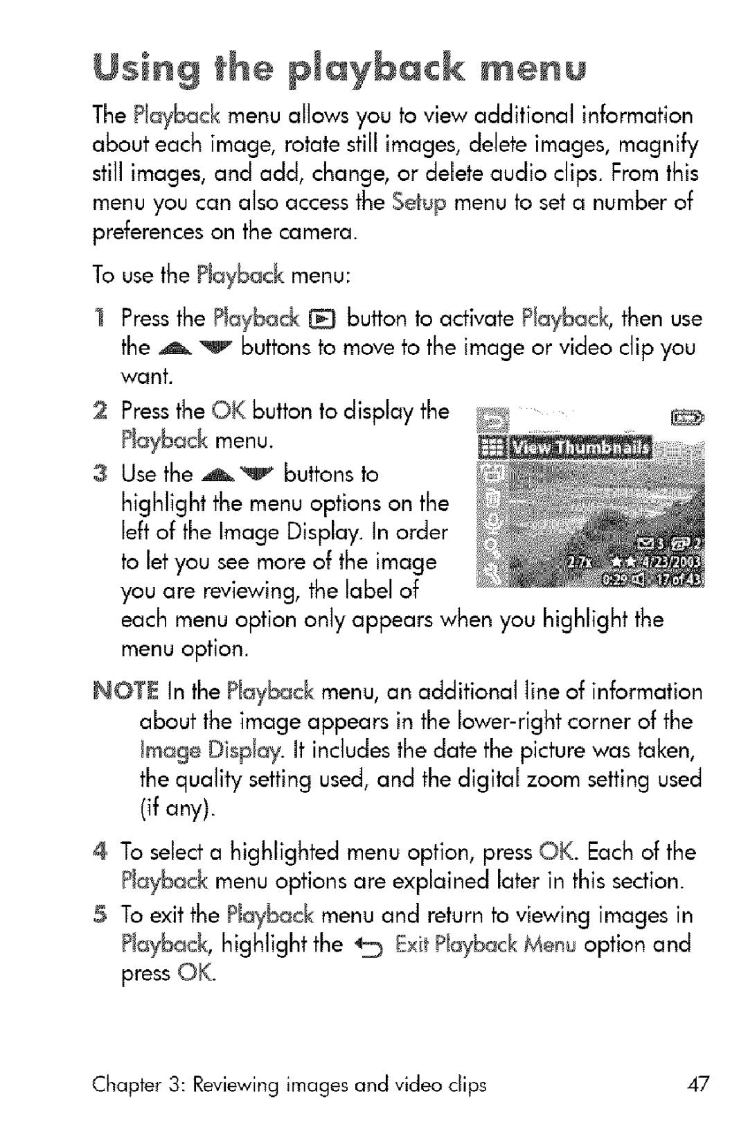 HP 730 manual Using the playback menu 