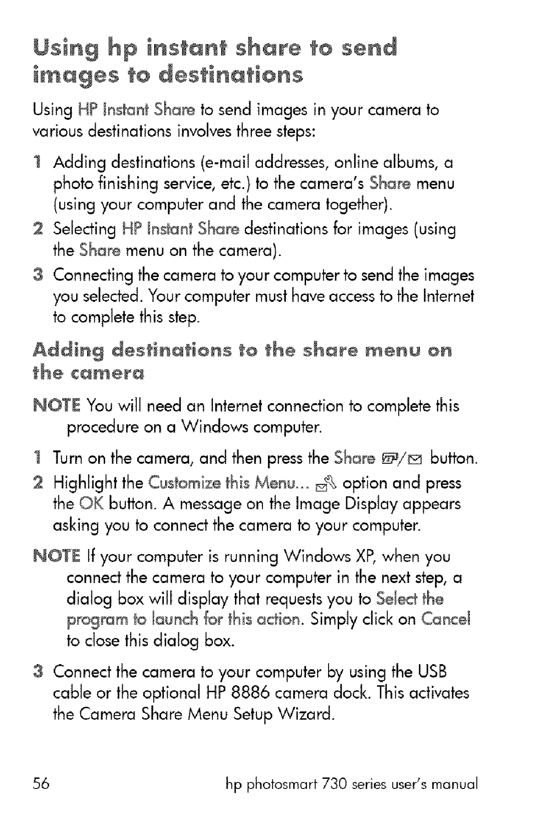 HP 730 manual Using hp instant share to send, Adding destlntons to the shr÷ ÷nu on the ¢mea, To closethisdialog box 