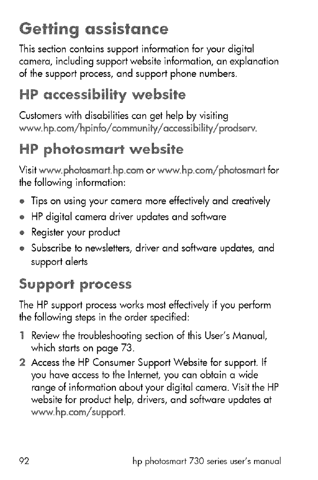 HP 730 manual Getting assistance, HP accessibility website, HP photosmart website, Support process 