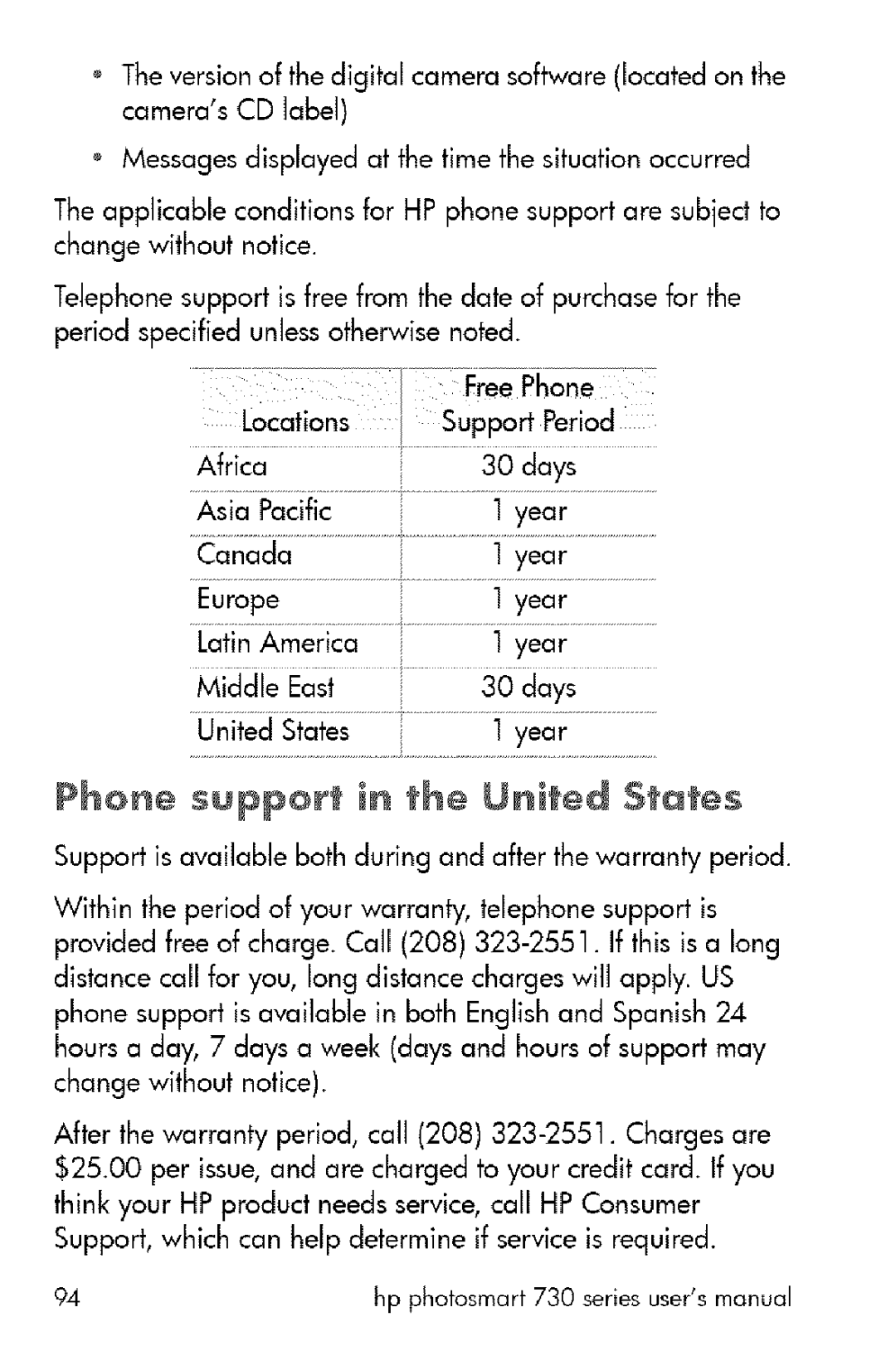 HP 730 manual Phone support in the Uni÷d States 