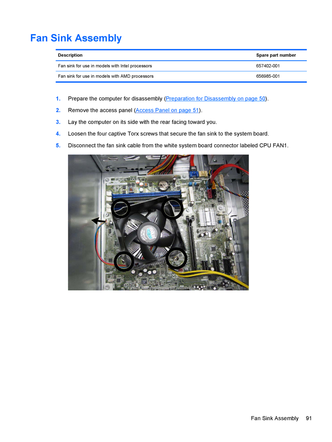 HP 7300 manual Fan Sink Assembly, Description Spare part number 