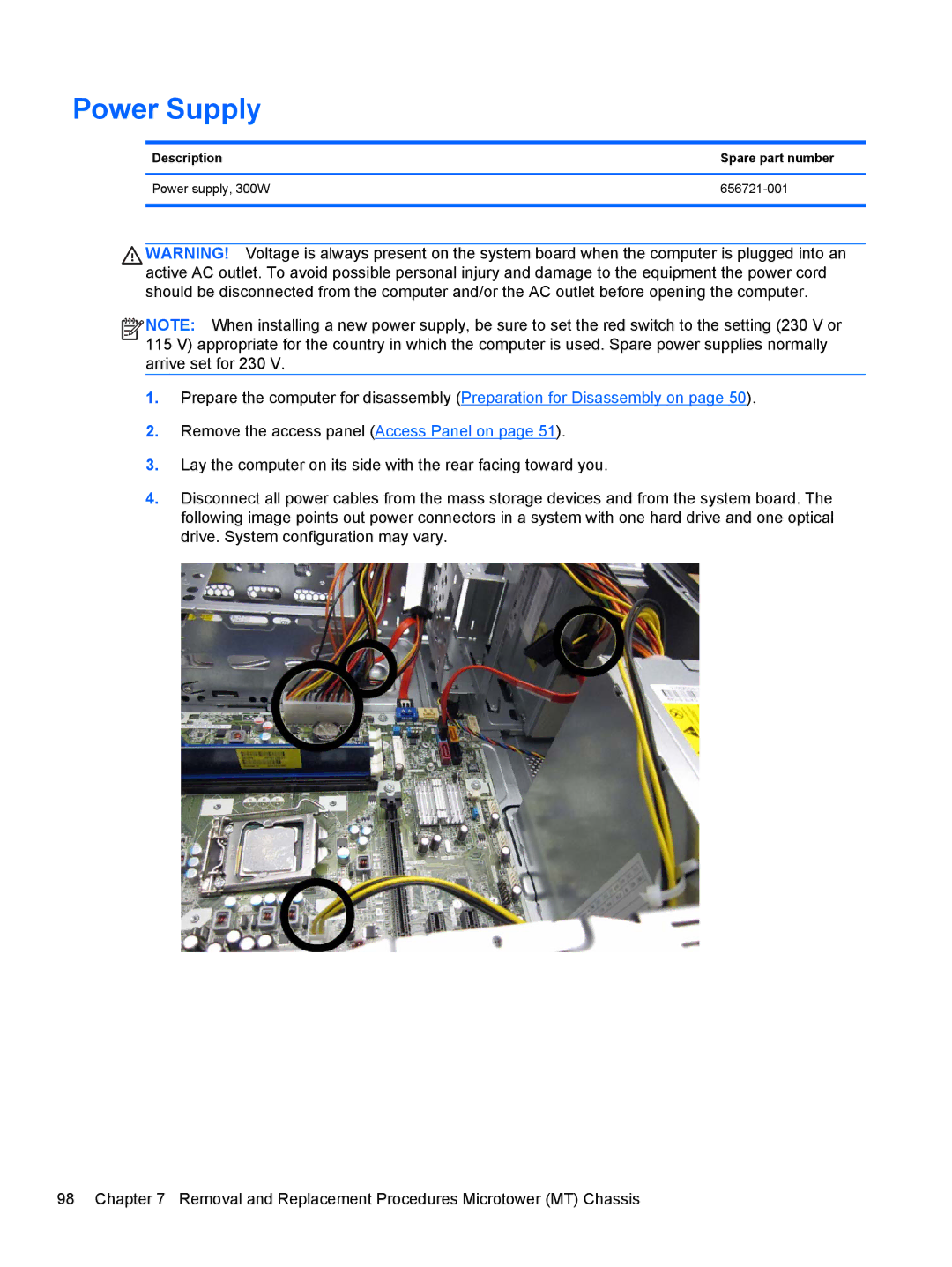 HP 7300 manual Power Supply, Description Spare part number Power supply, 300W 656721-001 