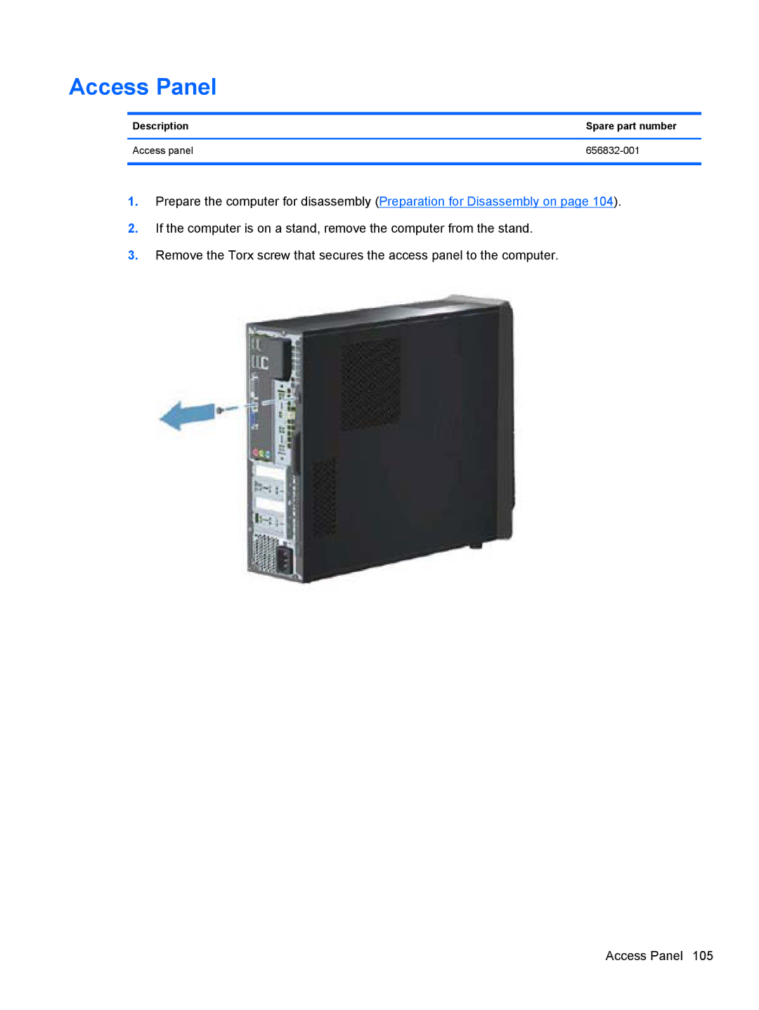 HP 7300 manual Access Panel, Description Spare part number Access panel 656832-001 