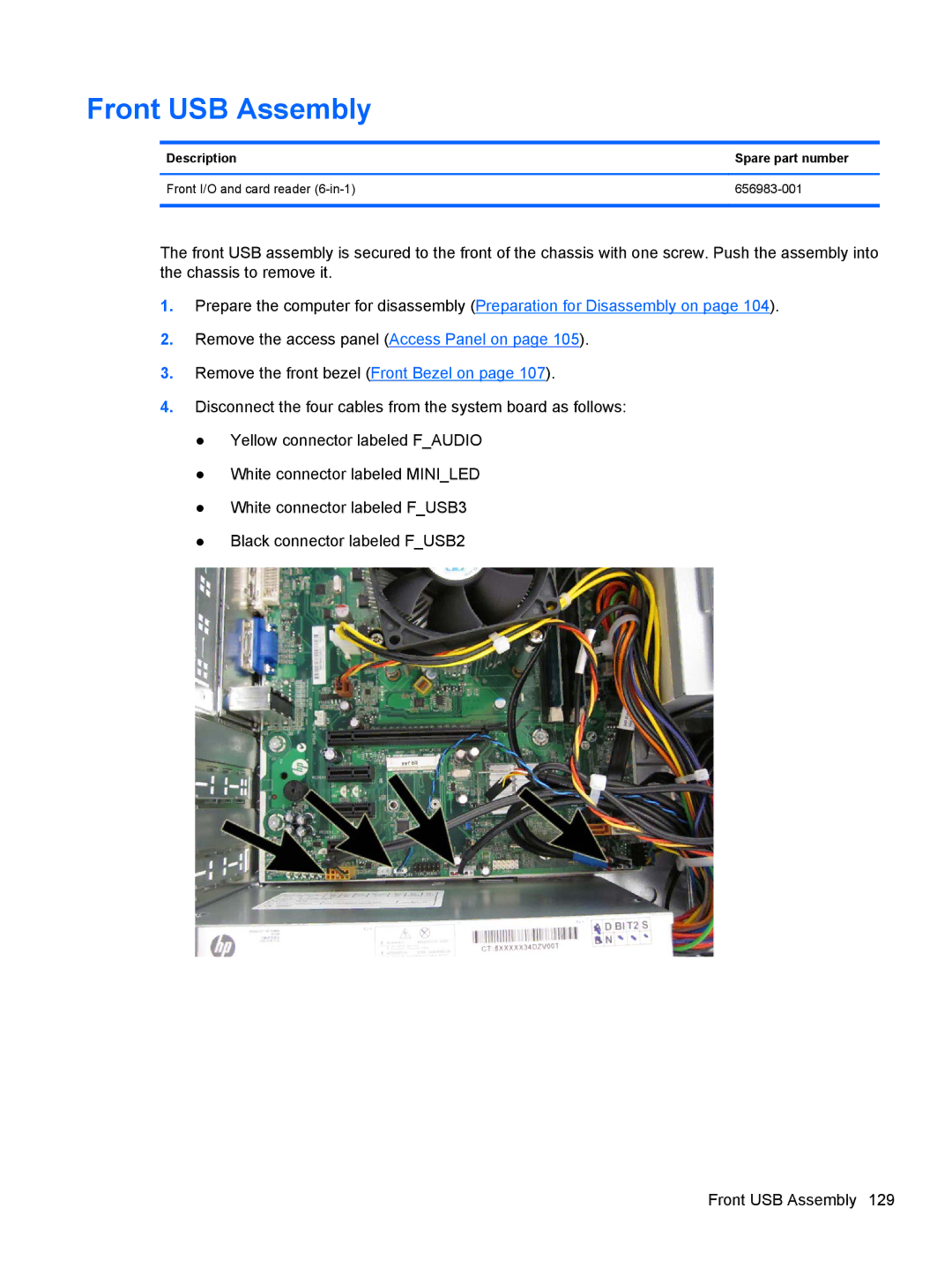 HP 7300 manual Front USB Assembly, Description Spare part number 