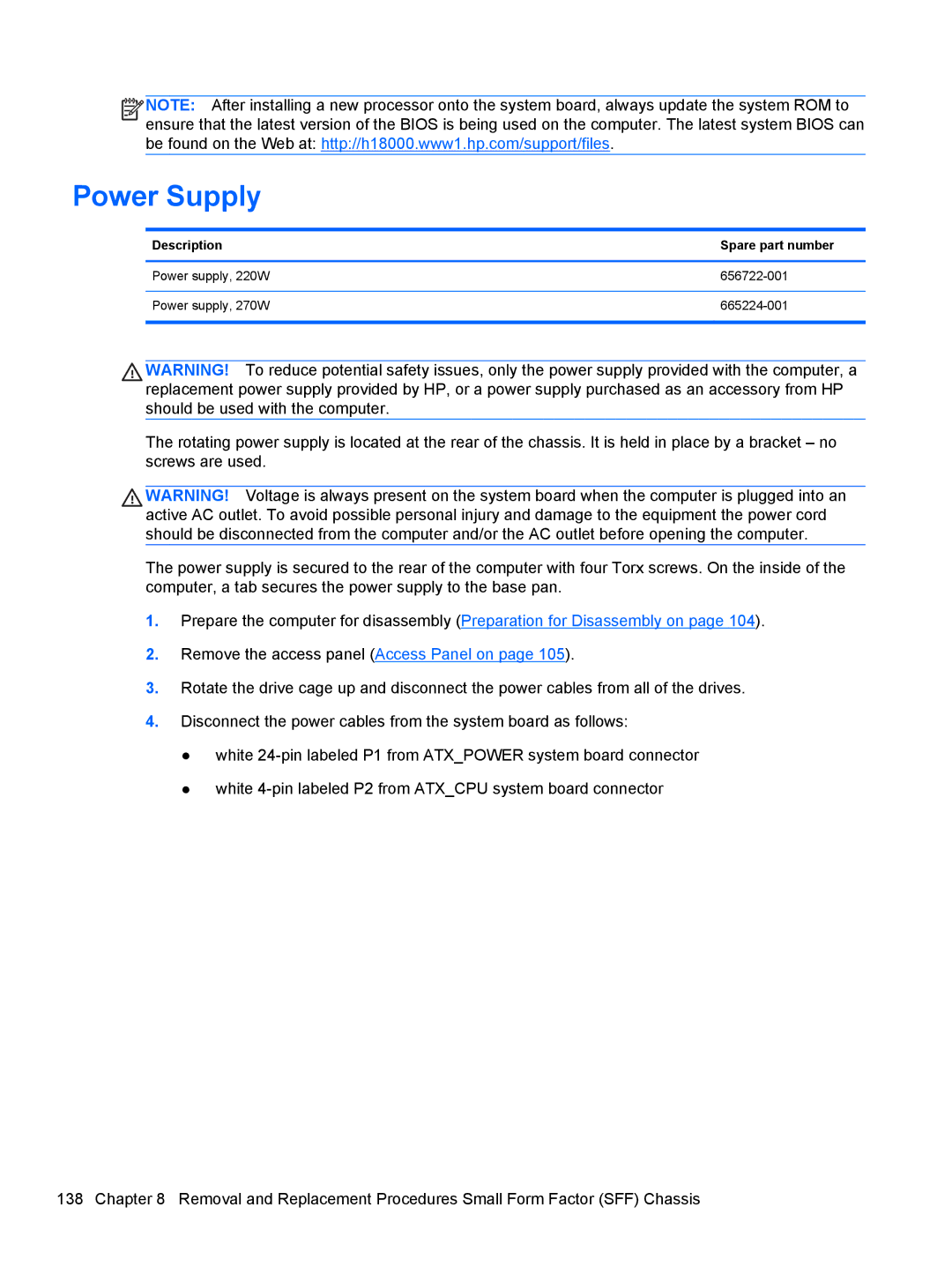 HP 7300 manual Power supply, 220W 656722-001 Power supply, 270W 665224-001 