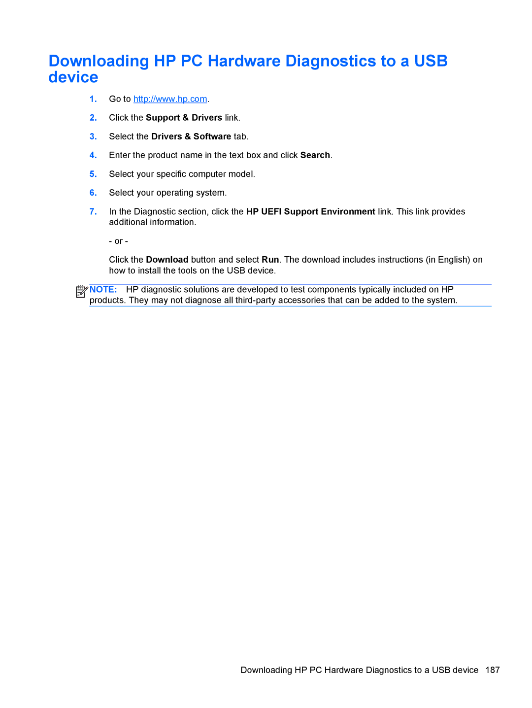 HP 7300 manual Downloading HP PC Hardware Diagnostics to a USB device 