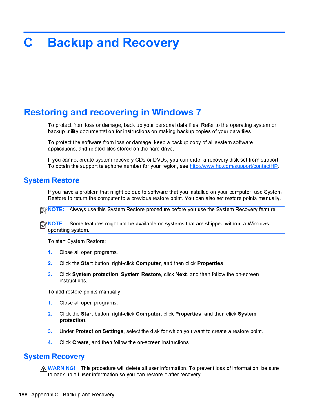 HP 7300 manual Backup and Recovery, Restoring and recovering in Windows, System Restore, System Recovery 