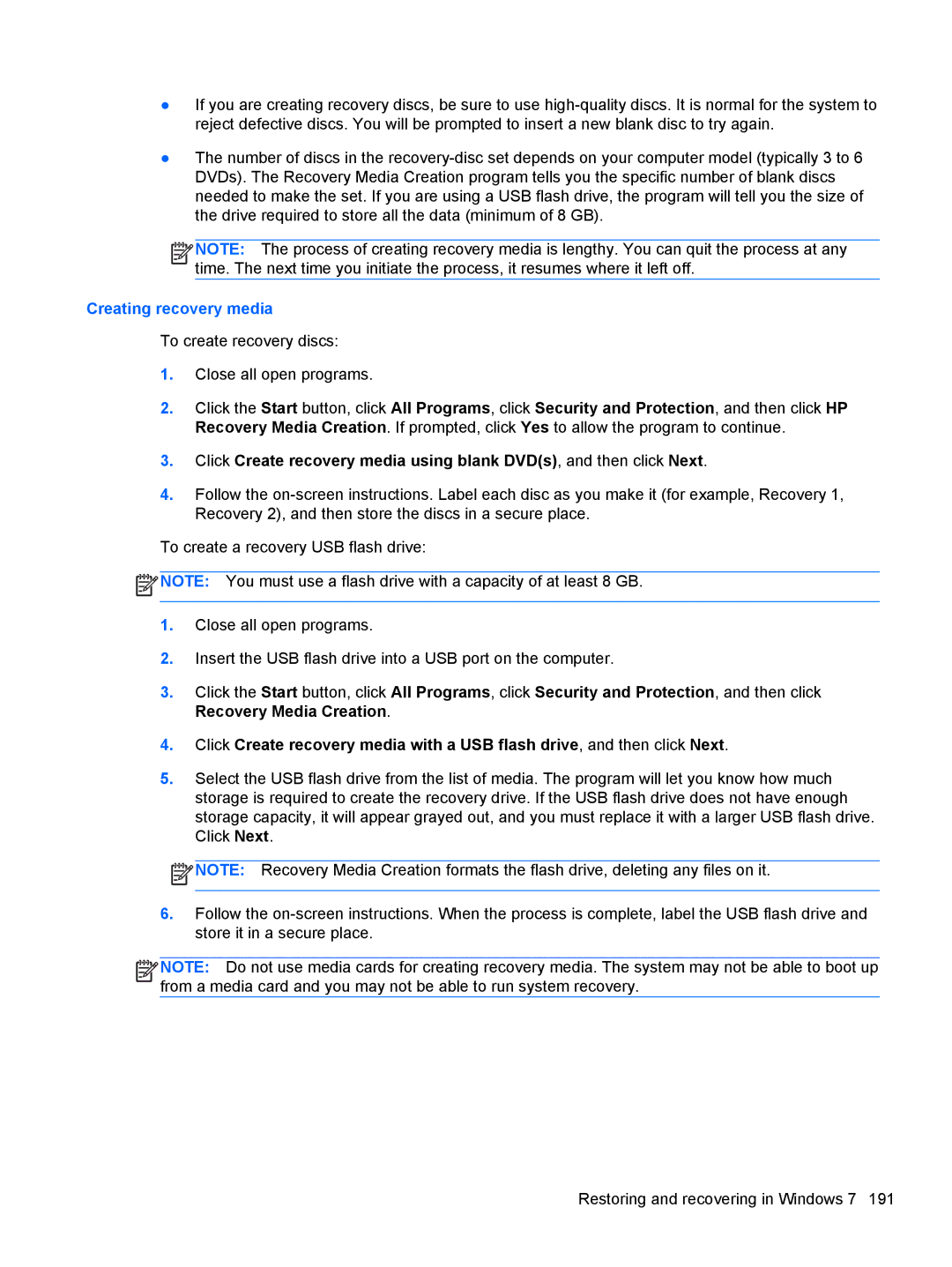 HP 7300 manual Creating recovery media 