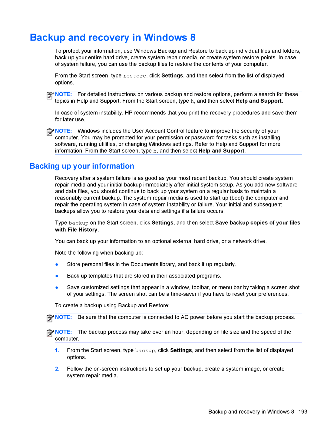 HP 7300 manual Backup and recovery in Windows, Backing up your information 