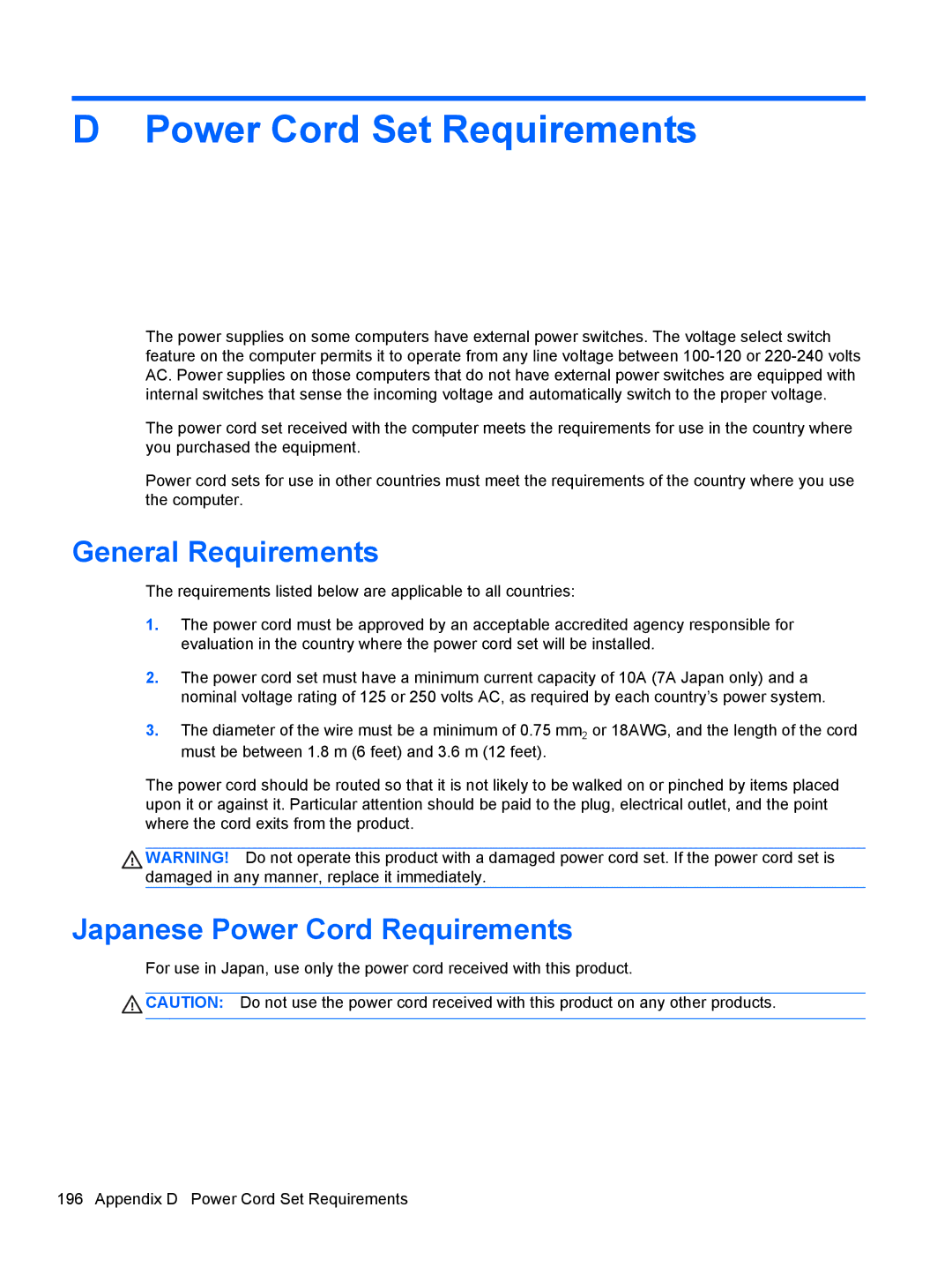 HP 7300 manual Power Cord Set Requirements, General Requirements, Japanese Power Cord Requirements 