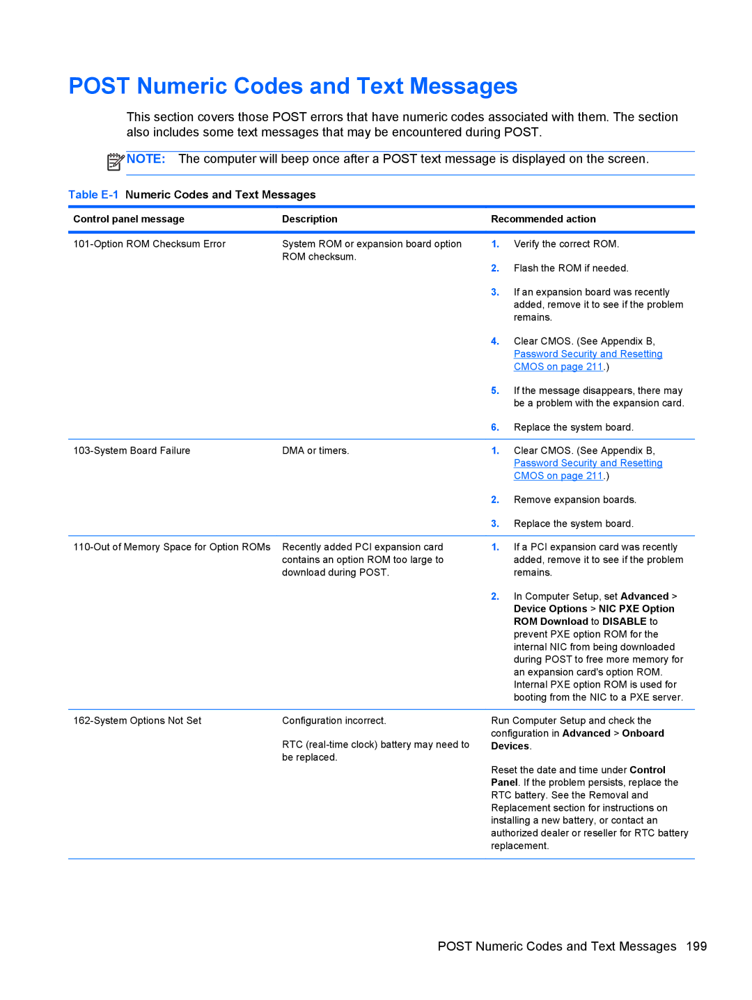 HP 7300 manual Post Numeric Codes and Text Messages, Table E-1Numeric Codes and Text Messages 