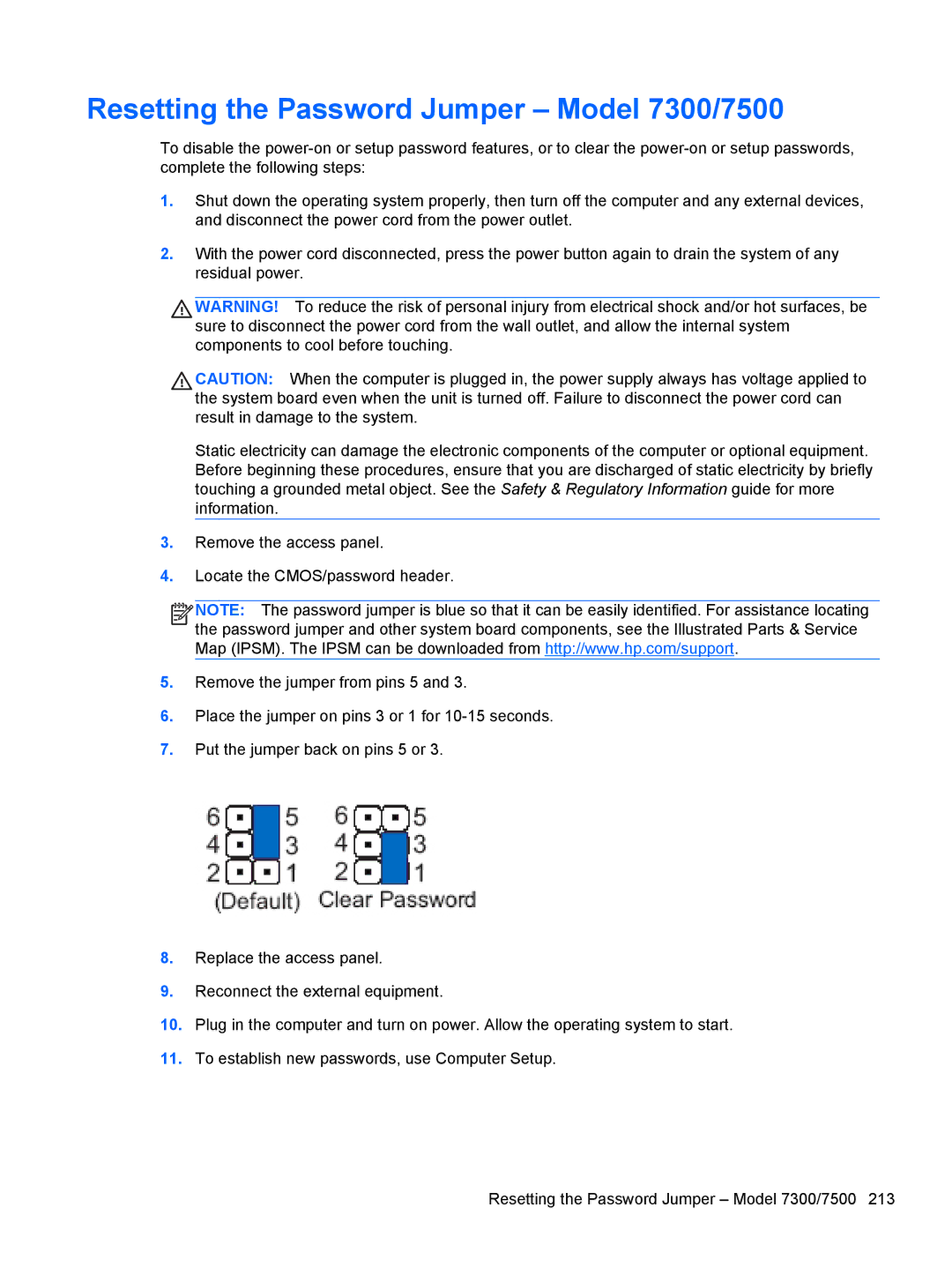 HP manual Resetting the Password Jumper Model 7300/7500 