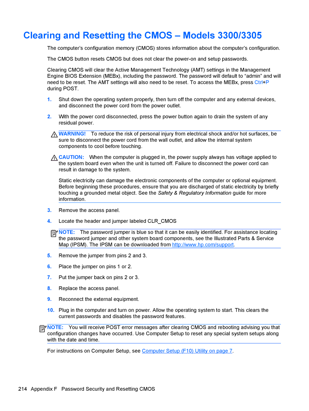 HP 7300 manual Clearing and Resetting the Cmos Models 3300/3305 