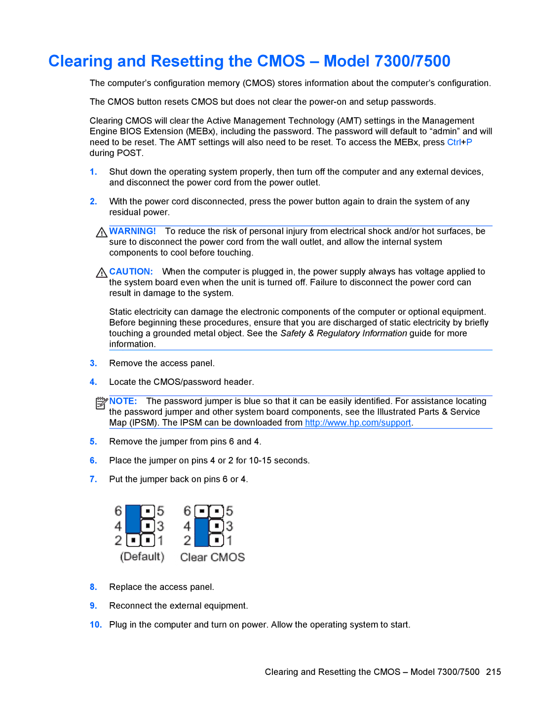 HP manual Clearing and Resetting the Cmos Model 7300/7500 