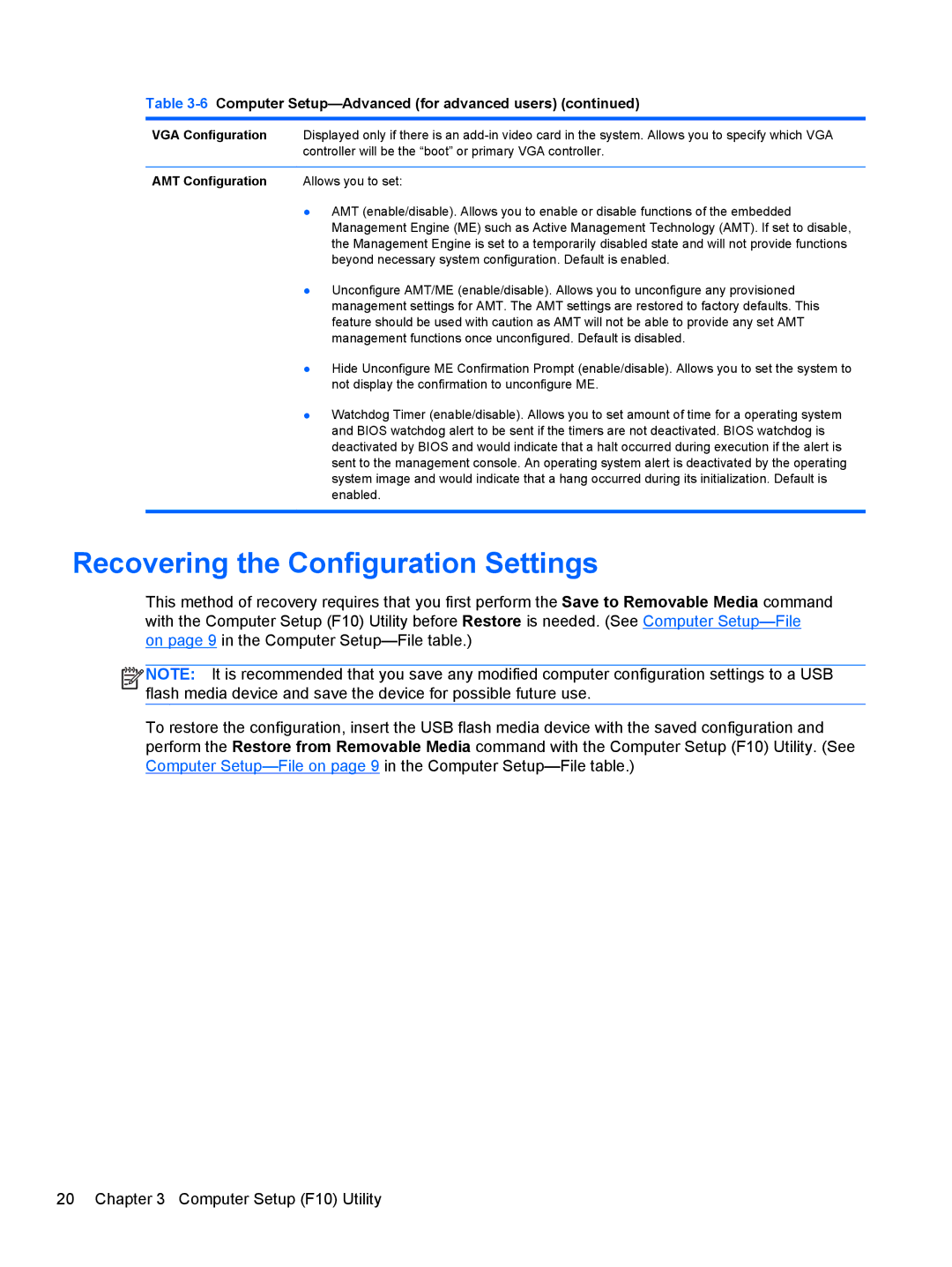 HP 7300 manual Recovering the Configuration Settings, VGA Configuration, AMT Configuration 