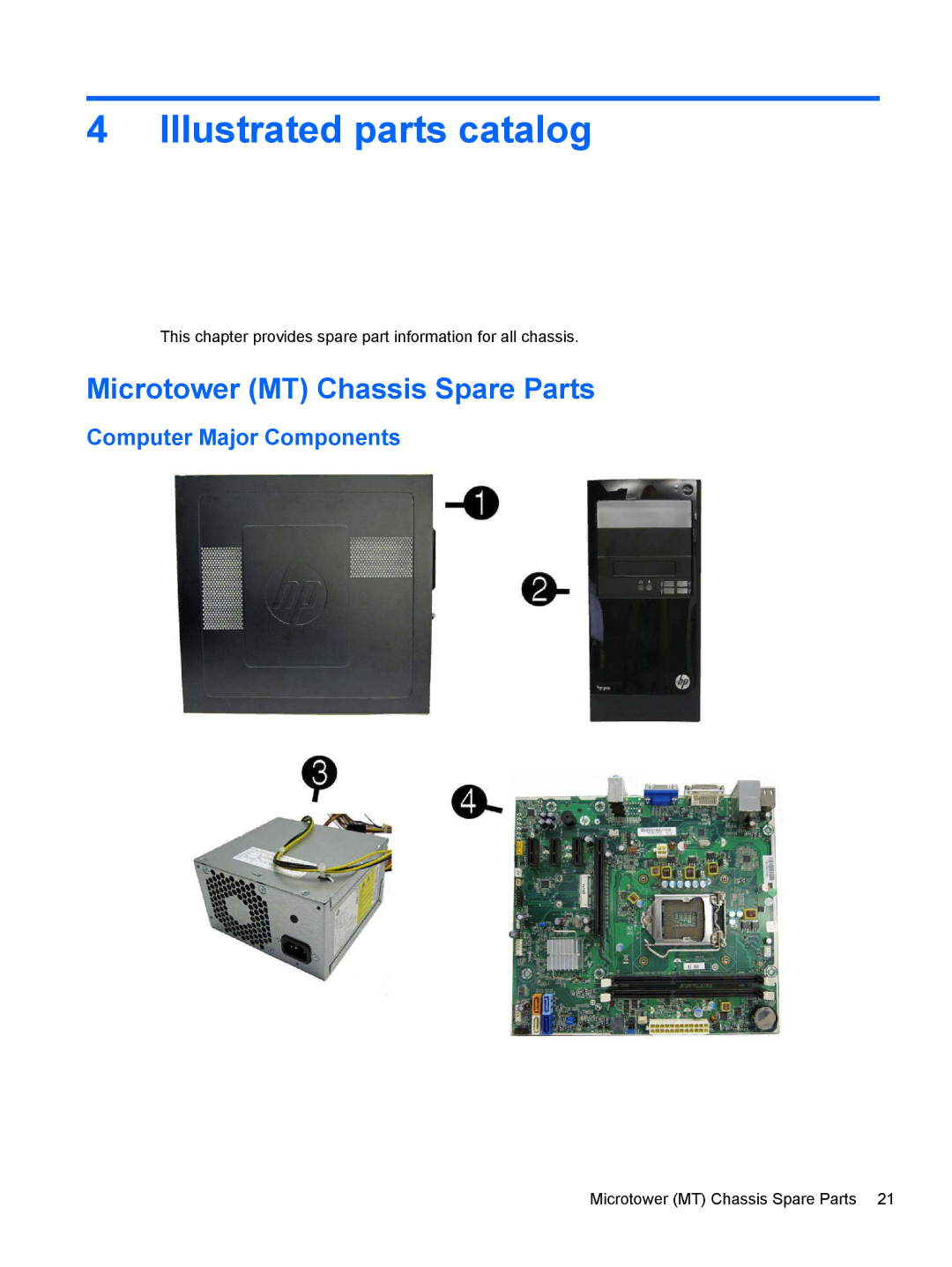 HP 7300 manual Illustrated parts catalog, Microtower MT Chassis Spare Parts, Computer Major Components 